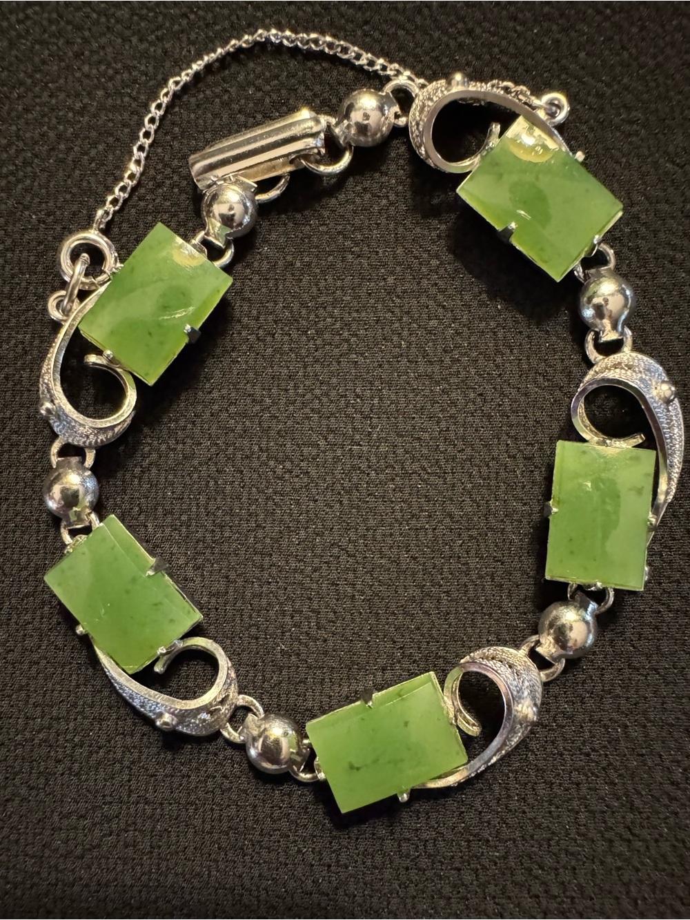 Vintage Sorrento Sterling Silver Nephrite Jade Filigree Bracelet